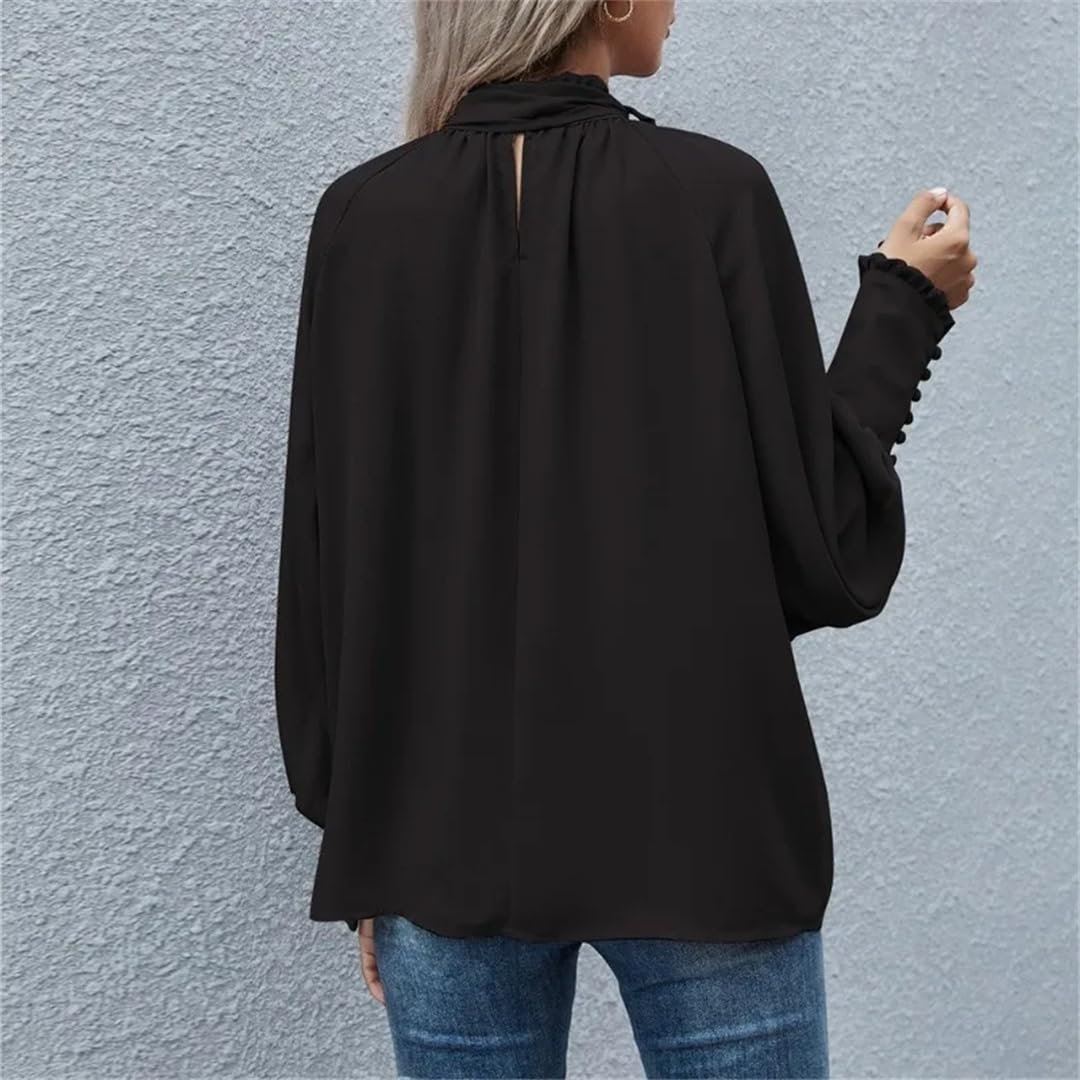 Damen-Bluse mit Schleife und Schleife, einfarbig, langärmelig, lässig, elegant, Chiffon-Bluse