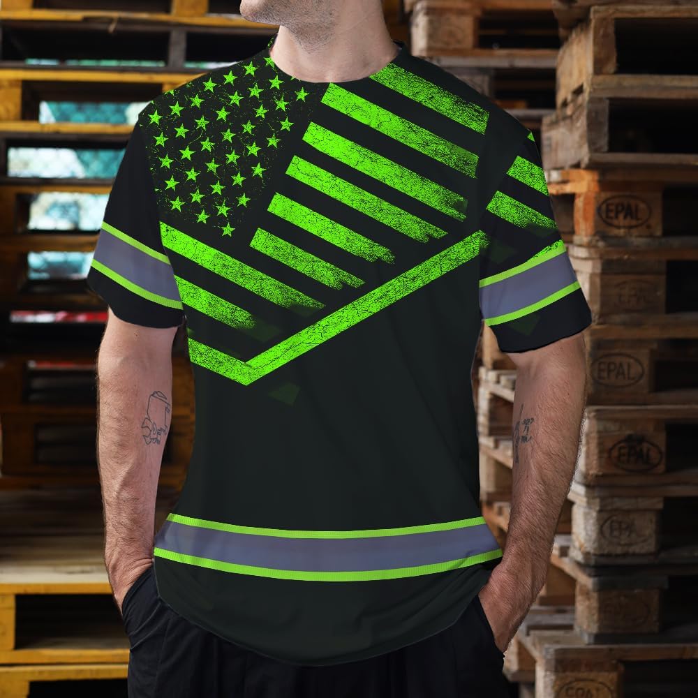 Maddly High Visibility Shirt American Flag Reflective Safety Shirt, Custom Name Workwear for Workers, Runners, Patriotic