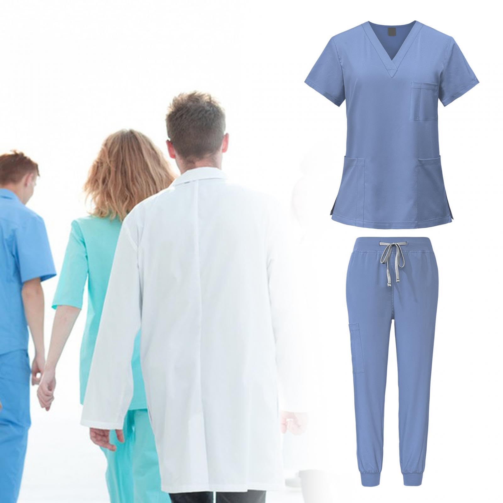 LOVIVER Female Scrub Set Nurse Workwear V Neckline Professional Machine Washable Top and Joggers Pant Work Clothing for Beauty Center, Light Blue, M