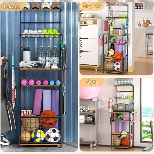 Threehio Sports Equipment Organizer, Wooden Garage Ball Storage Rack With Hooks thumb #4