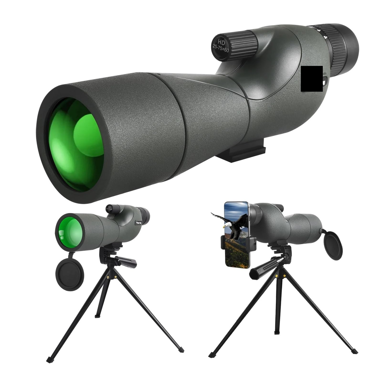 Telescopio monocular de 25-75x60 con Zoom Potente, Resistente al Agua, for observación Aves y Tiro Blanco trípode(Black Set)