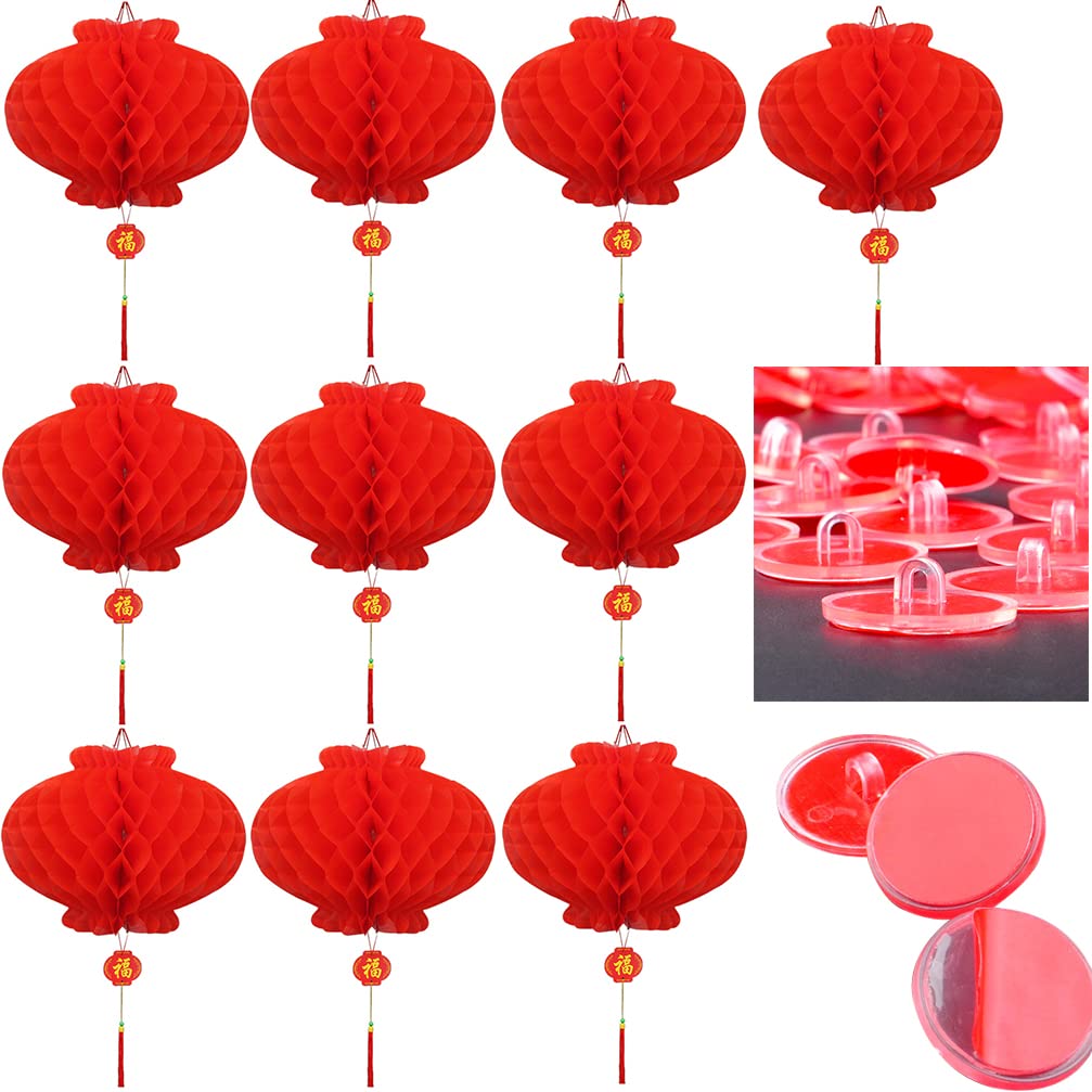 10 Pieces Chinese Red Paper Lanterns and 10 Pieces Wall-Mounted Non-Marking Hooks Festival Decorations Set for New Year, Spring Festival, Mid-Autumn Festival, National Day, Wedding and Restaurant