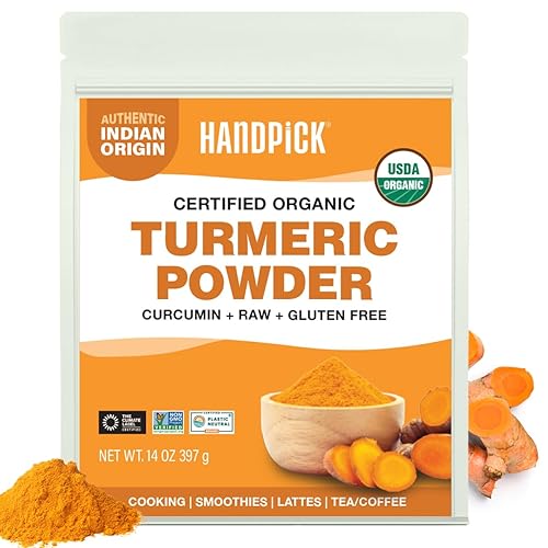 HANDPICK, Cúrcuma orgánica en polvo con curcumina (14 onzas/397g) | Origen auténtico indio | Sin gluten | Hecho de raíz de cúrcuma