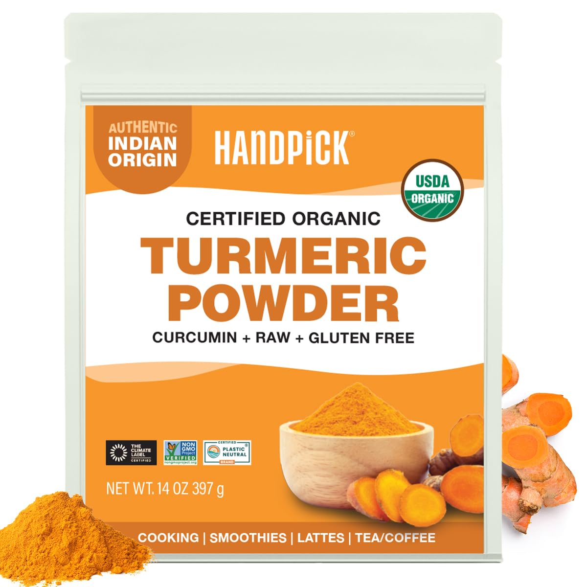 HANDPICK, Organic Turmeric Powder with Curcumin (397g/14oz) | Authentic Indian Origin | Gluten Free | Made from Turmeric Root