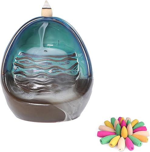 Soporte de incienso de cerámica con luces de colores, quemador de incienso en cascada con 20 conos mixtos para adorno, decoración del hogar,