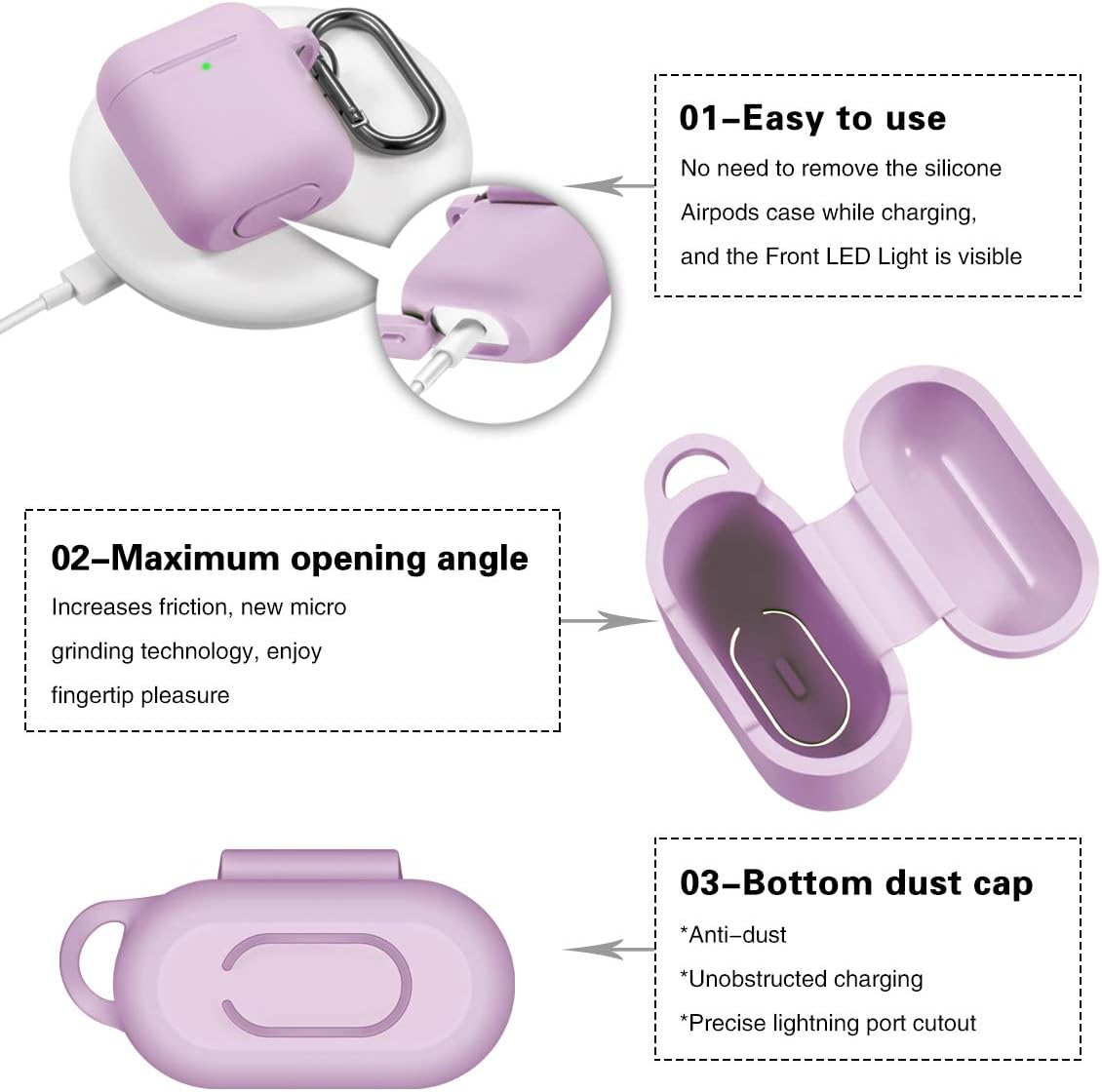 GEAK for AirPods Case, (Front LED Visible), Shockproof Protective Silicone Case Cover with Keychain Compatible for Apple AirPods 2 & 1, Lavender