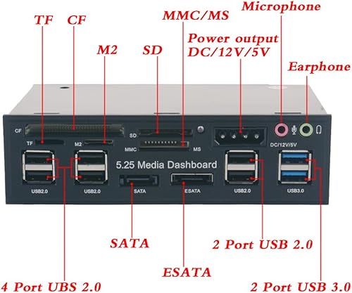 Miniatura 3 de Generic T-SIDAKE 5.25 pulgadas PC Multifuncional Tablero de Medios de Medios de Audio Panel Frontal, con SATA e-SATA Dual USB 3.0 6 Puertos USB 2.0