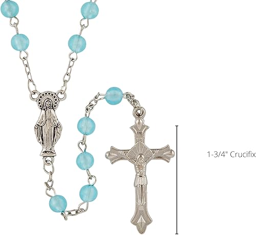 Miniatura 7 de Rosario católico con centro de mesa de tono plateado y crucifijo con cuentas de vidrio azul claro, collar de cuentas de oración que brilla en la