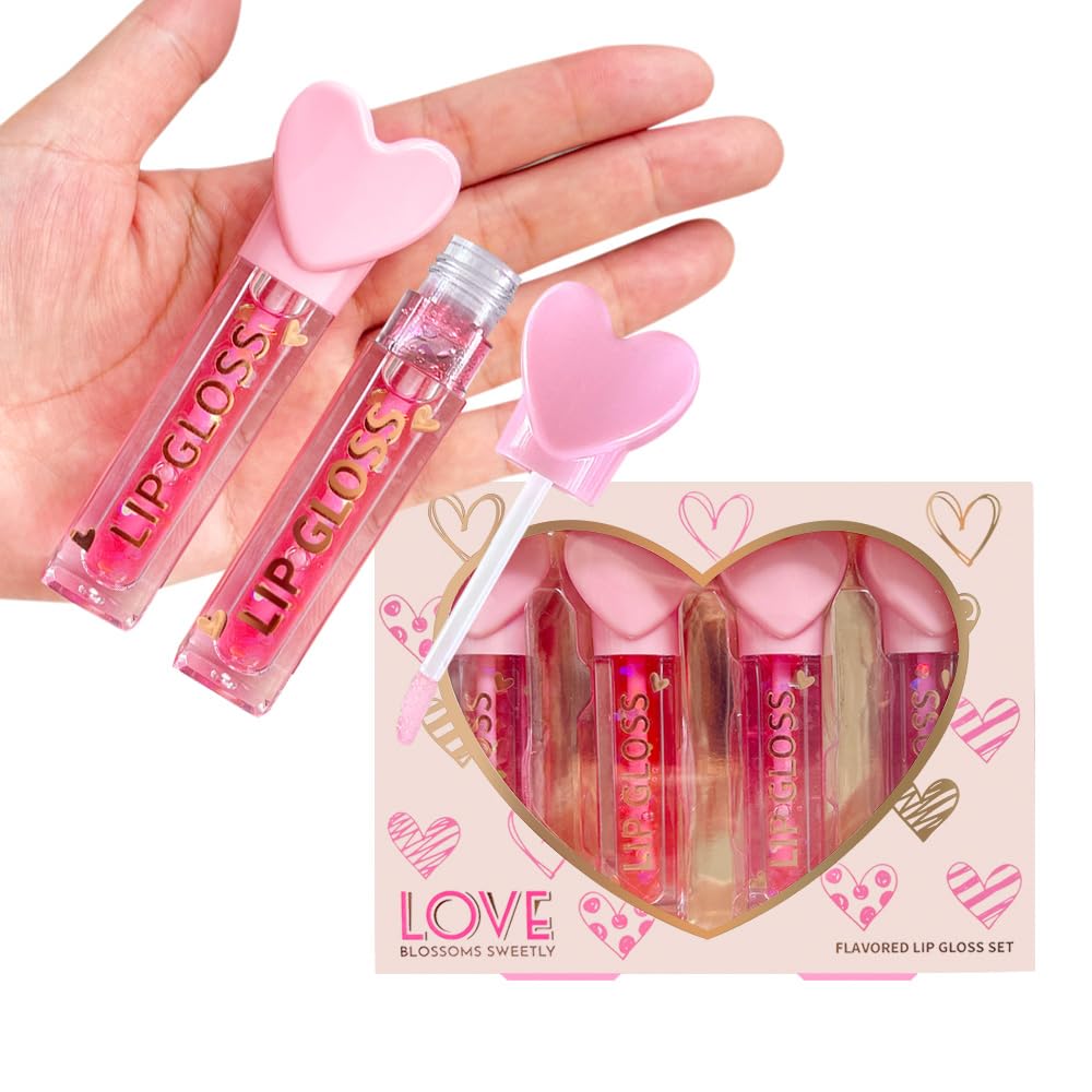 4 unidades de brillo labial con dije de corazón para niñas, juego de labios frutales brillantes | Recuerdos de fiesta no tóxicos, regalo de maquillaje para adolescentes con bonito adorno (paquete de 4 3