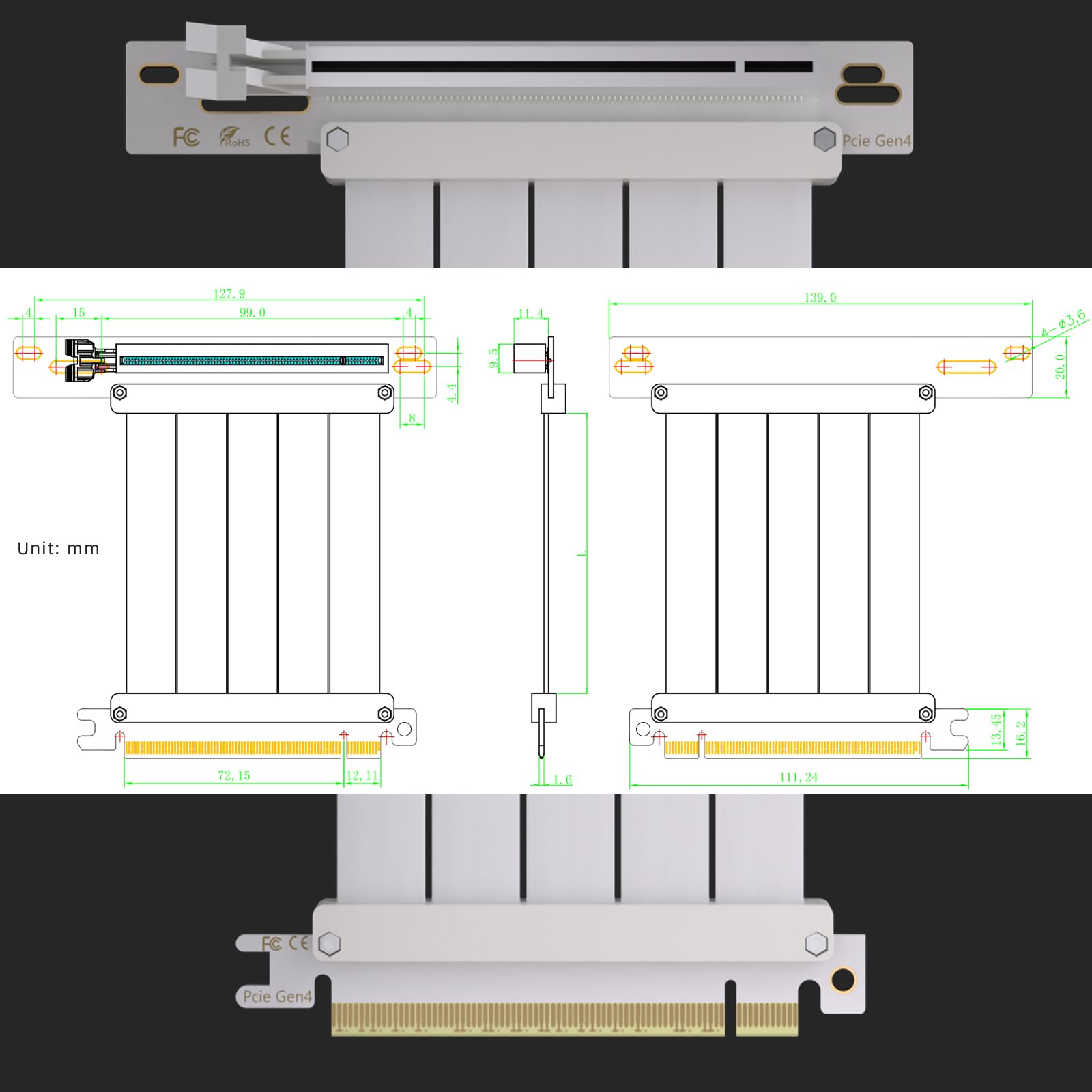 GLOTRENDS 250 mm PCIe 4.0 X16 Câble Riser blanc pour GPUs PCIe 4.0/3.0, tels que les séries GeForce RTX 40/30 et AMD Radeon RX7000/RX6000, etc.
