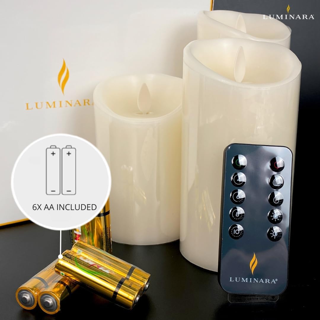 Luminara - Juego de 3 velas pilares LED de cera de efecto llama (mando a distancia), color marfil