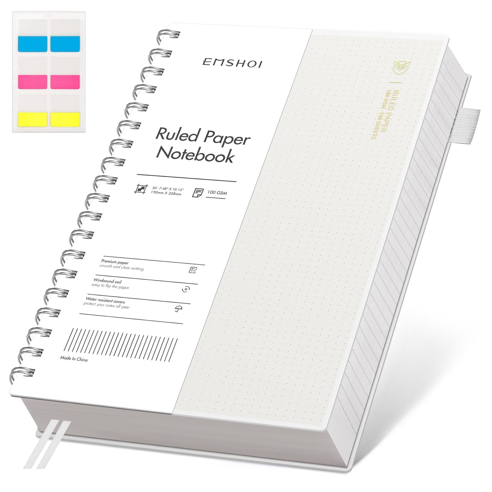EMSHOI Lined Spiral Journal Notebook, B5 College Ruled Notebook, 300 Pages/150 Sheets, 100gsm Acid-Free Paper, Waterproof Softcover Notebook for School, Work, Note Taking, 7.48" × 10.15" - Transparent