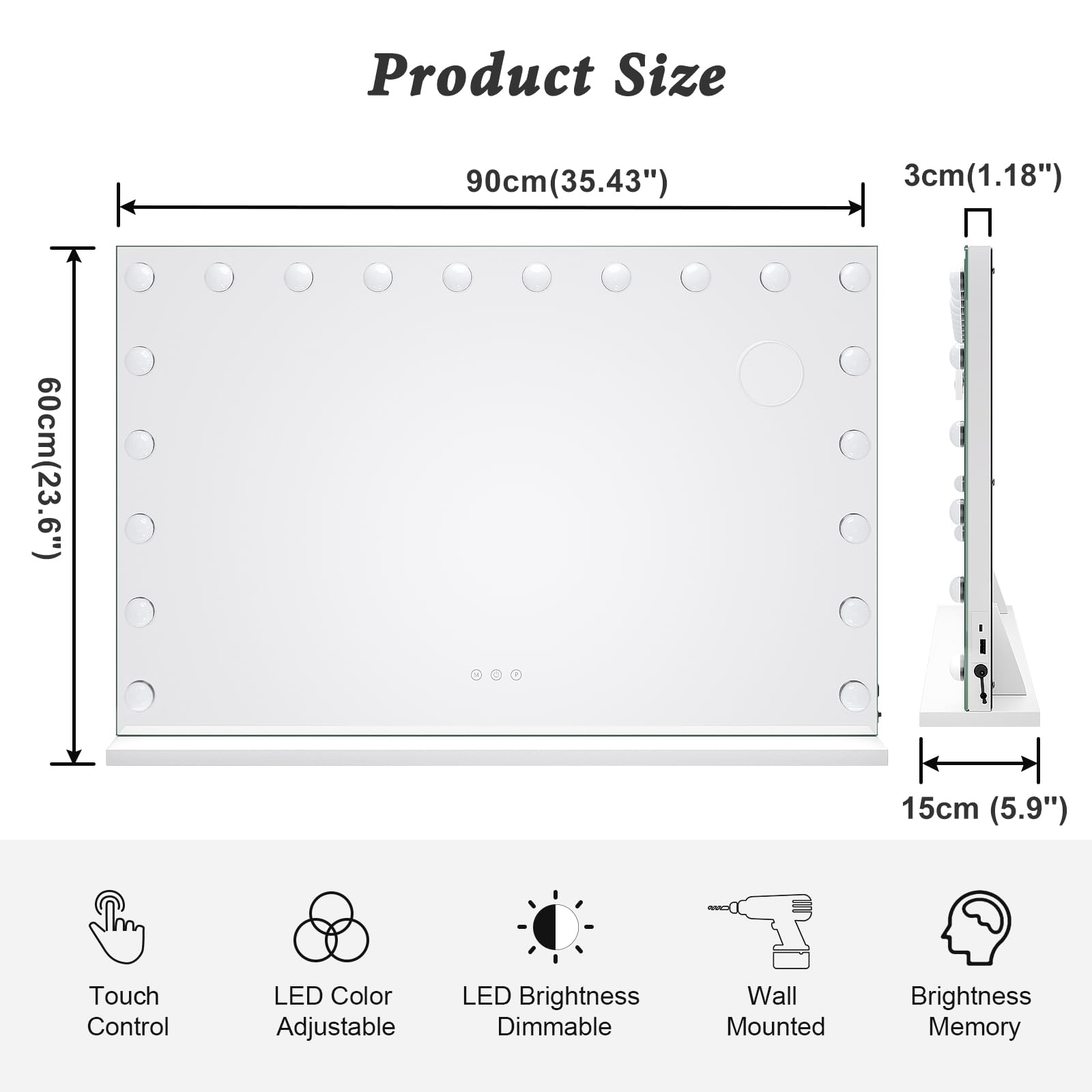 Dripex Miroir Maquillage Hollywood 20 Ampoules LED 3 Modes Luminosité Réglable Contrôle Tactile 90 x 60 cm Blanc