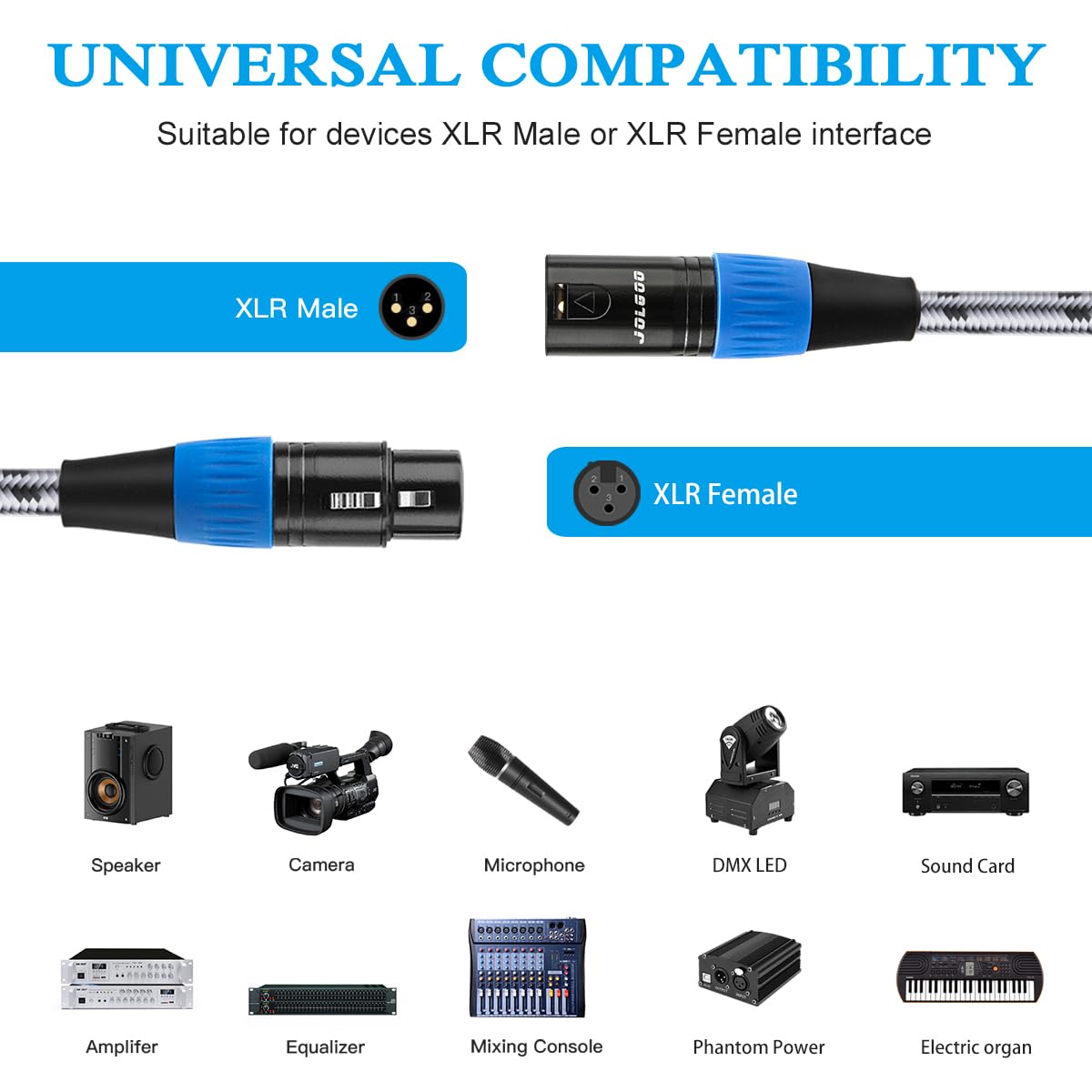 JOLGOO Cable XLR de 6.5 pies, 6 unidades, cable DMX, XLR macho a XLR hembra, equilibrado de 3 pines, cable de micrófono XLR para uso en estudio y escenario