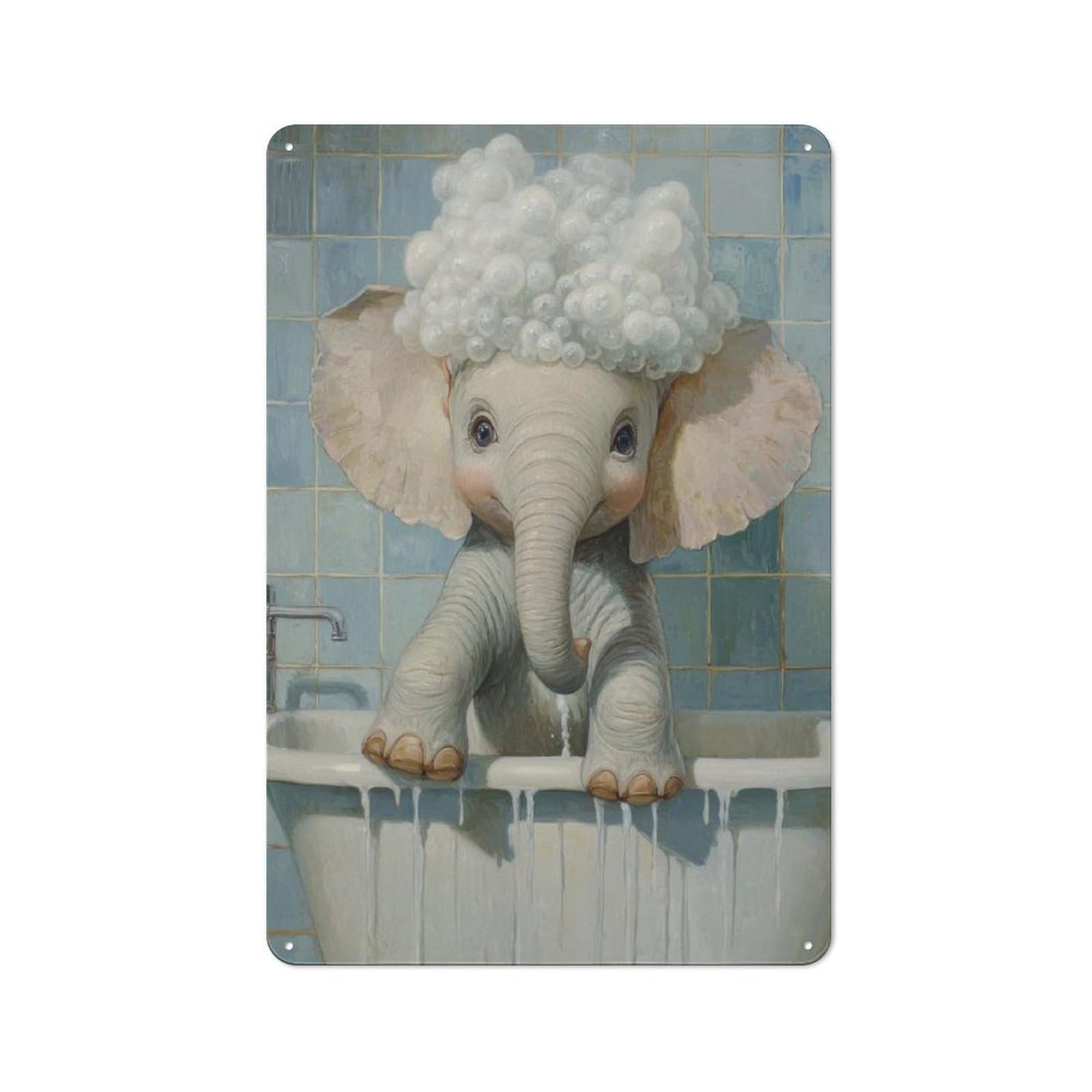 Junmoney Style-15 Elephant Bath Time Rustic Tin Wall Plaque 30X20cm For Hobby Room Or Studio, A New Home Present For Creative Interior Collectors