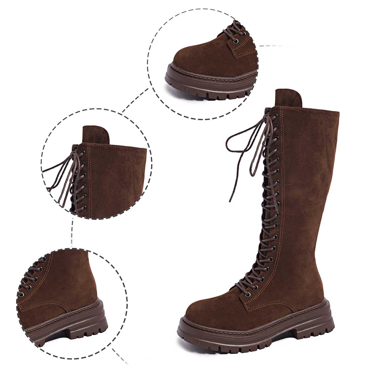 Generisch Botas de equitación de invierno para mujer, botas de ante modernas con pantorrilla media, botines de plataforma gruesos con cordones, cómodas e informales