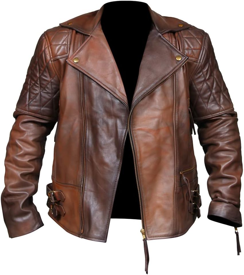 Mens Brown Leather Jacket - Distressed Brown Motorcycle Sheepskin Leather Biker Jacket - Vintage Diamond Quilted Brown Jacket