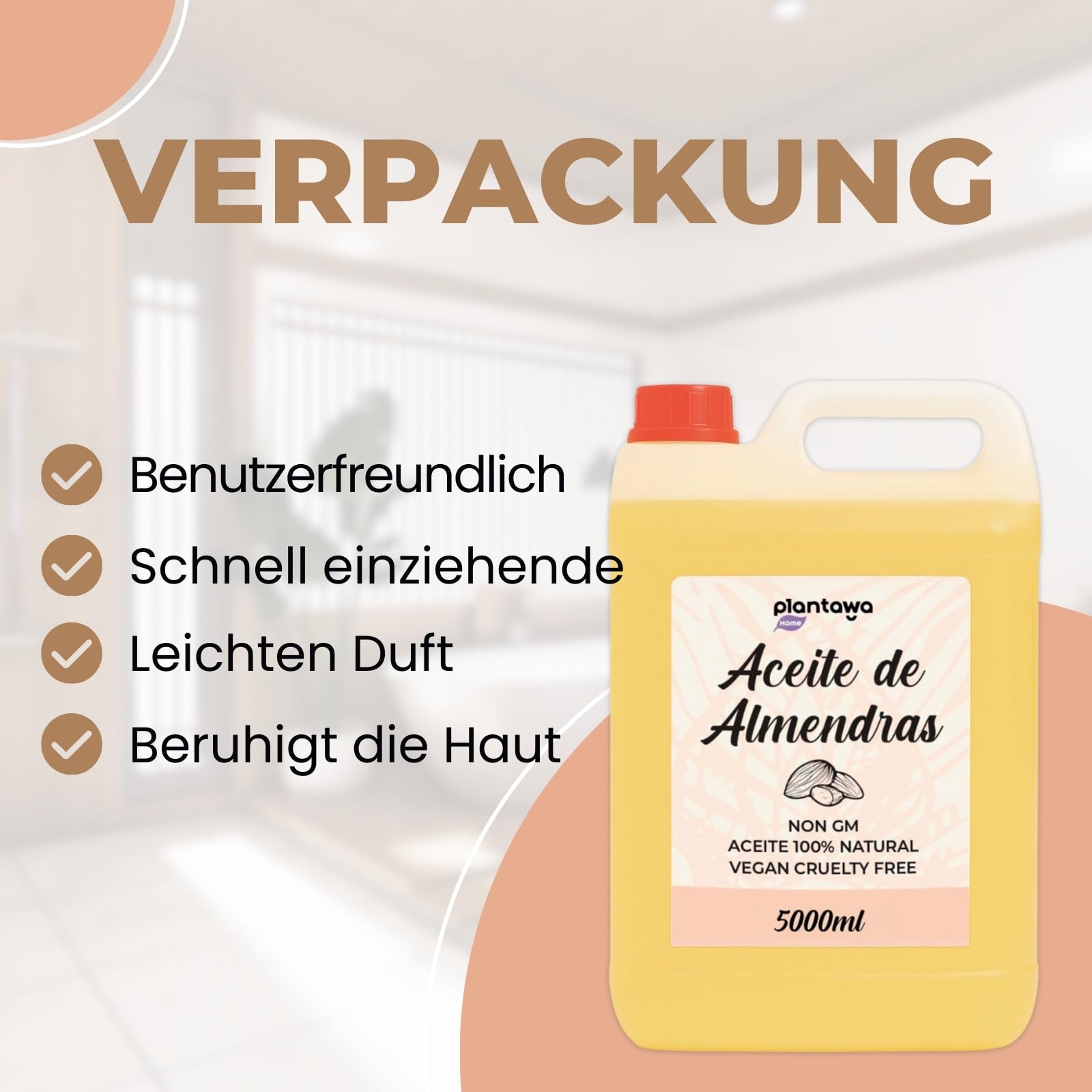 PLANTAWA Süßes Mandelöl 5L | Mandel-Körperöl | Feuchtigkeitsspendend für Haut und Haar | 100% Natürliches Mandelöl von Hoher Qualität und Vielseitigkeit