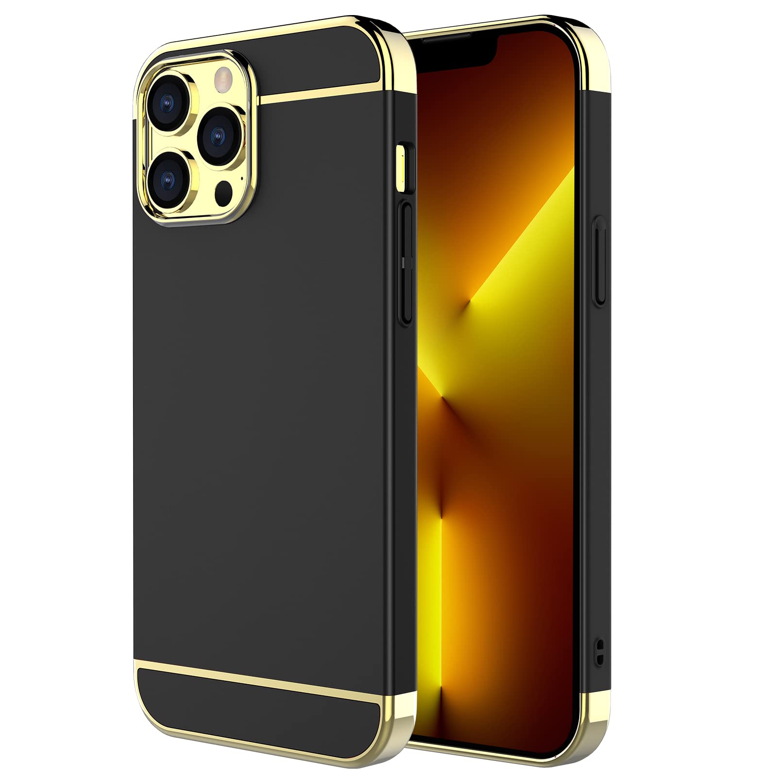 RORSOUiPhone 13 Pro Max Case, 3 in 1 Ultra Thin and Slim Hard Case Coated Non Slip Matte Surface with Electroplate Frame for Apple iPhone 13 Pro Max (6.7")(2020) - Black and Gold