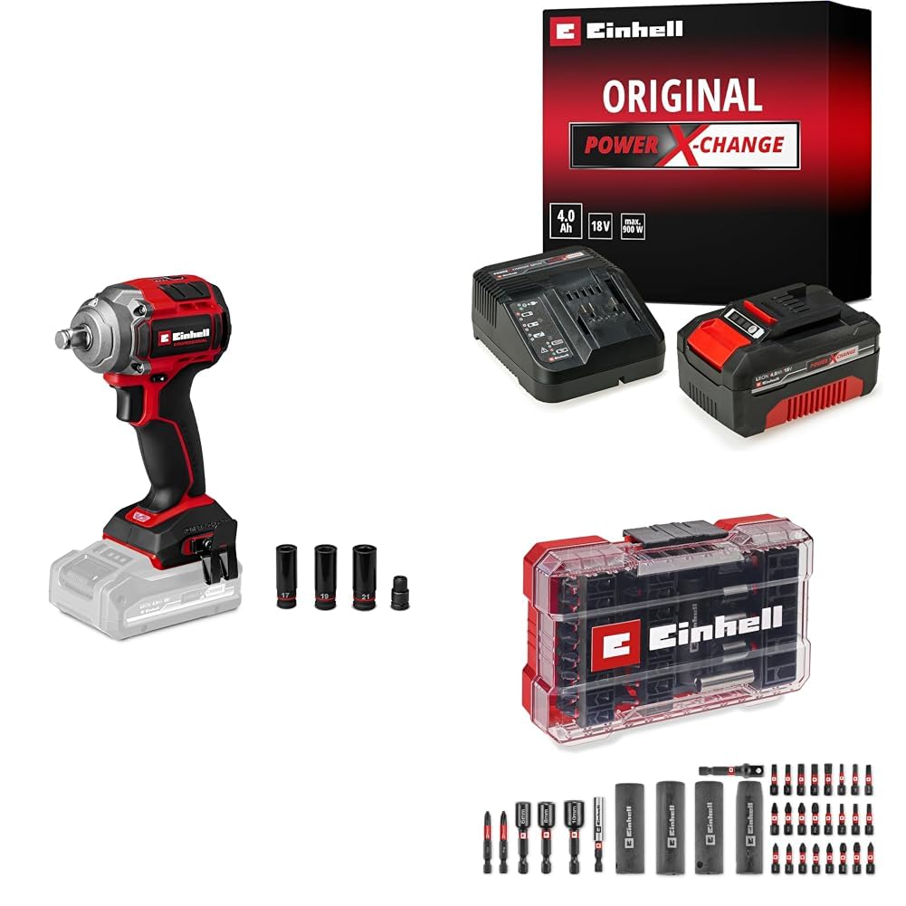 Einhell TP-CW 18/350-C Li BL - Solo, Kömürsüz Akülü Darbeli Somun Sıkma + 18V 4,0 Ah PXC Starter Kit, Akü ve Şarj Cihazı + Bits ve Lokma uç seti 35 parça, M-Case kutu