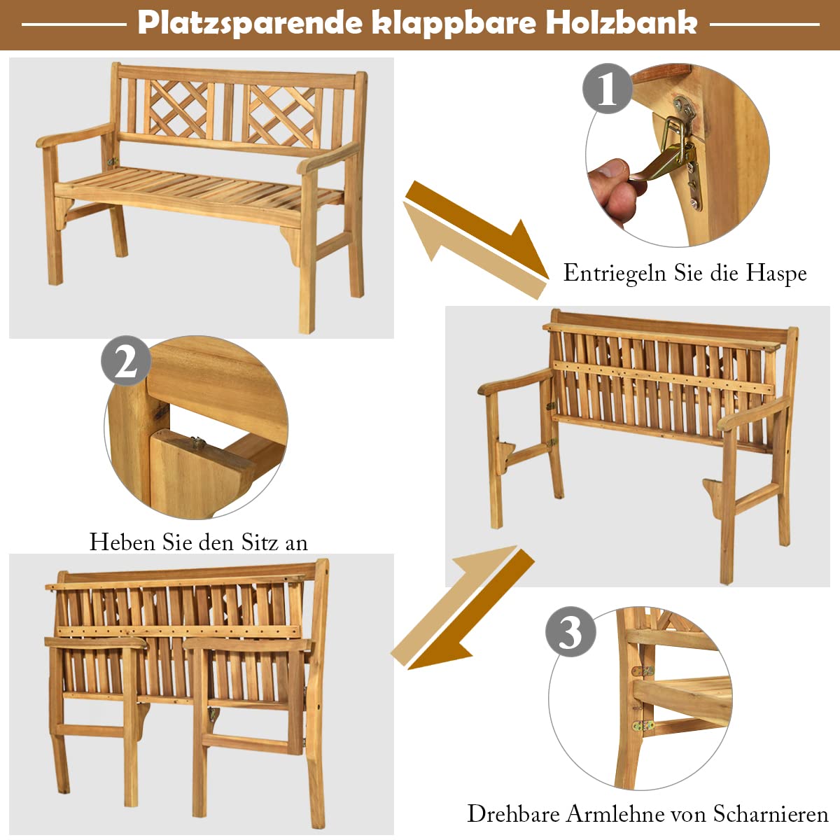 GOPLUS Gartenbank Holz, Sitzbank Outdoor klappbar, 2-3 Sitzer Holzbank, Parkbank bis 320kg belastbar, Terrassenbank, Bank Garten Balkon Park Terrasse, 120 x 56 x 90 cm