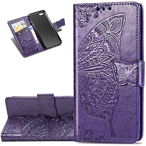 LEECOCO iPhone 8+ Plus Case Premium PU Leather Flip Wallet Case Butterfly Embossed Full Body Protection Flip Stand Card Holder Magnetic Cover for iPhone 7 Plus / 8 Plus Big Butterfly Purple SD Cover