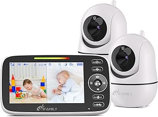 Split screen baby monitor, large display video baby monitor with 2 cameras and audio, 1000ft long range, Remote pan tilt, Night vision, temperature sensor, 2 way talk, feeding clock and lullabies.