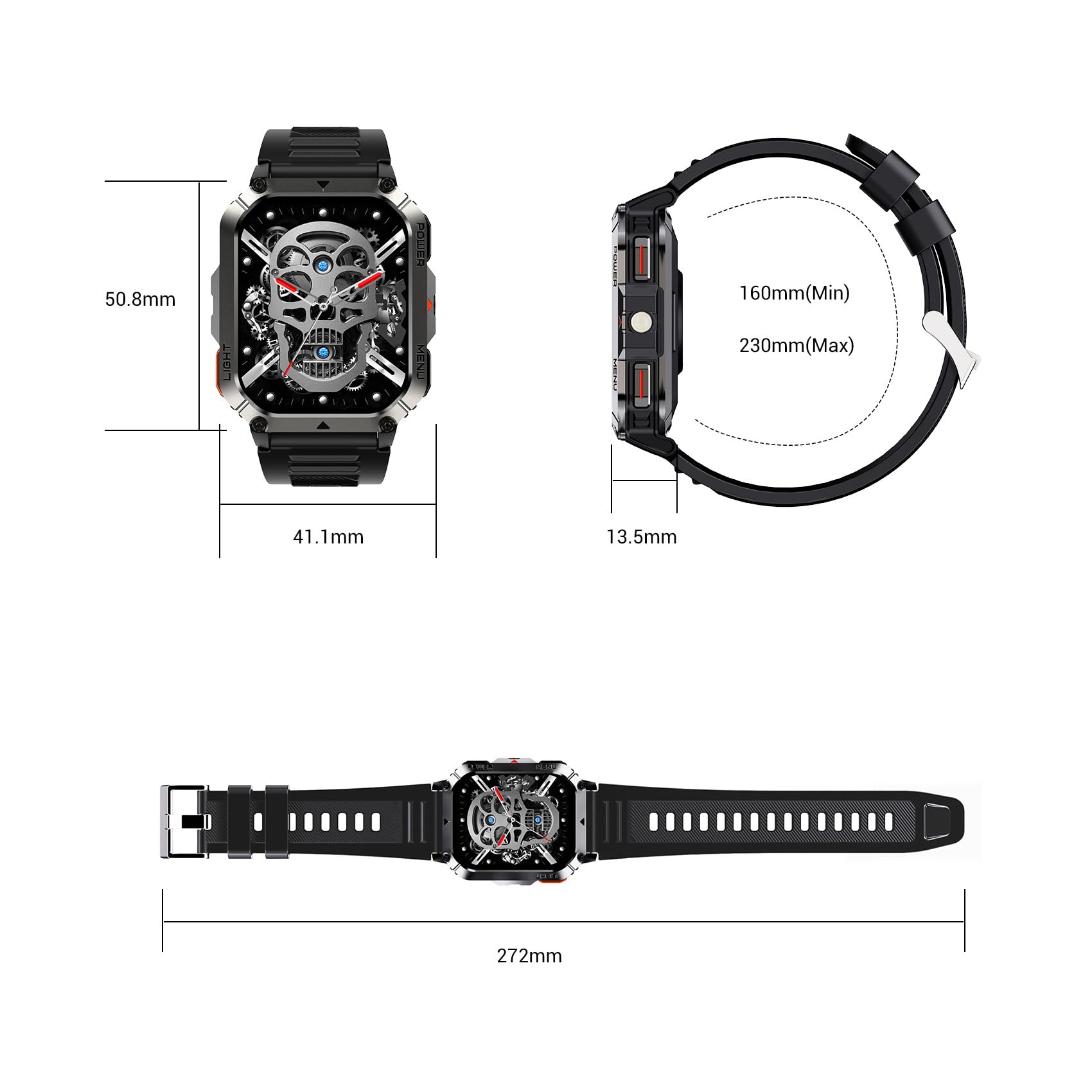 Smartwatch da uomo con torcia LED, touchscreen da 2,01 pollici, cassa in acciaio inossidabile, cinturino in gomma, funzione vocale Bluetooth 5.3, contapassi, contacalorie, cronometro,A