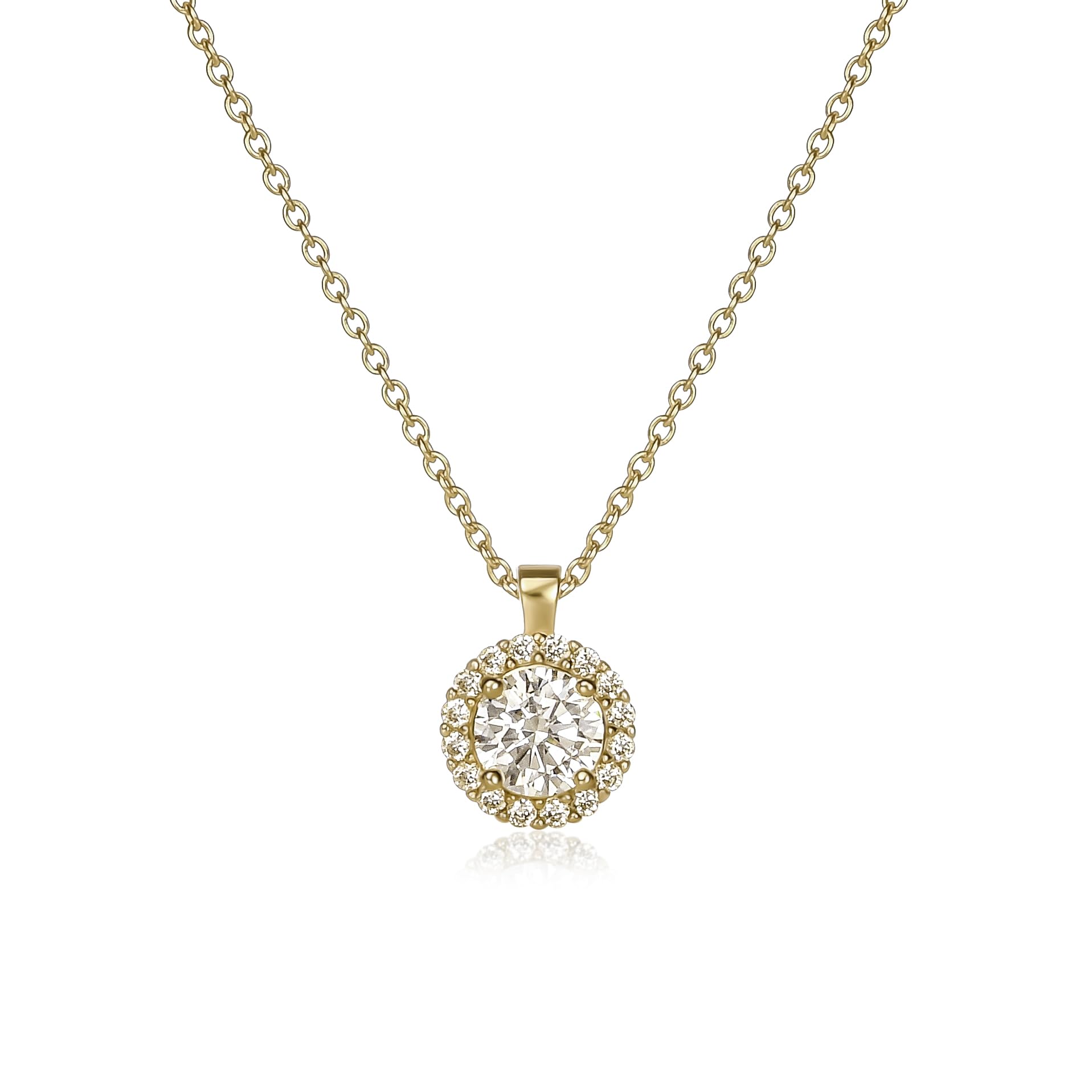Diamond Treats Damen-Halskette aus 925er Sterlingsilber oder vergoldetem Silber mit rundem Zirkonia-Mittelstein und funkelndem Halo – elegante Silber- oder Gold-Halskette mit Geschenkbox