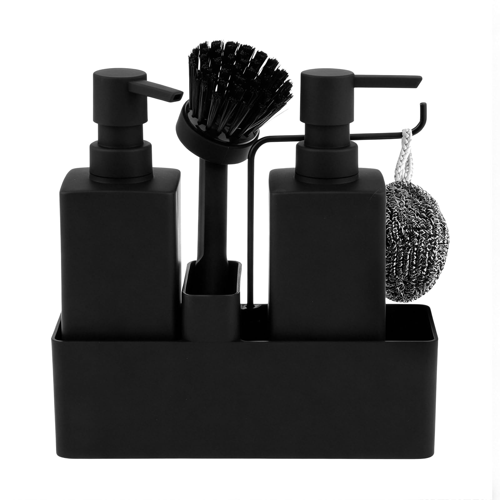 Set organizer per lavello nero a 5 pezzi, con 2 bottiglie, 1 scatola di stoccaggio, 1 spazzola e 1 pallina pulente, ideale per cucina o bagno
