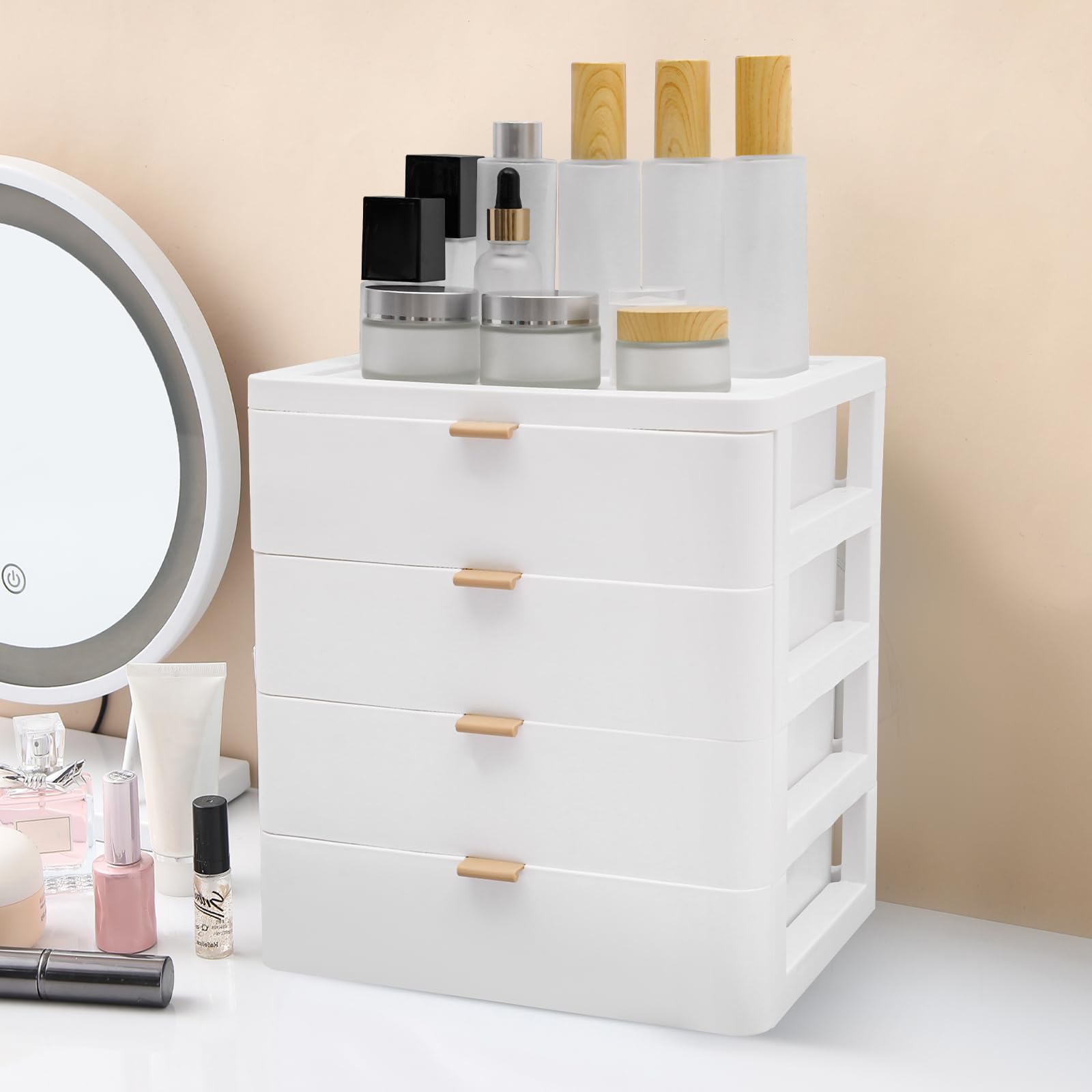 Contenitore rettangolare da scrivania con cassetto, 4 cassetti, bordi convessi, angoli rotondi, per libri, gioielli, cosmetici, snack