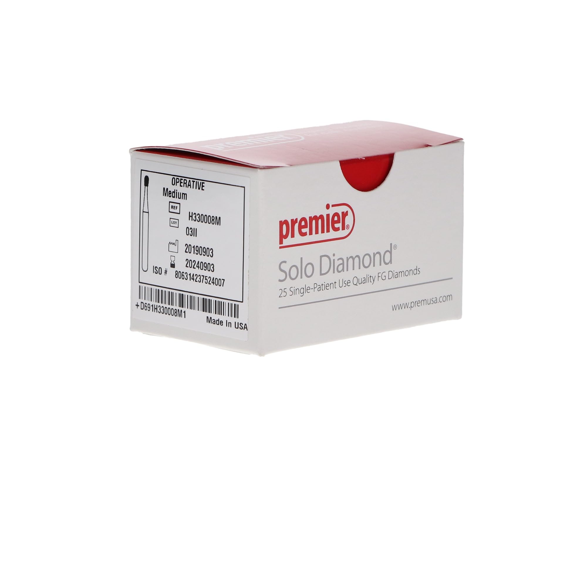 Premier Dental H330008M Solo FG Friction Grip #330 Medium Grit Operative Diamond Burs 25/Bx