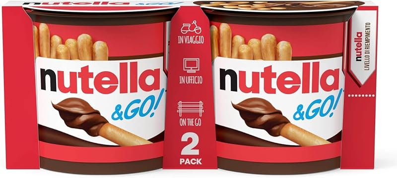 Nutella & Go, 2 Snack Monoporzione con Nutella e Croccanti Grissini, Senza Conservanti e Grassi Idrogenati, per Merende e Pause Quotidiane
