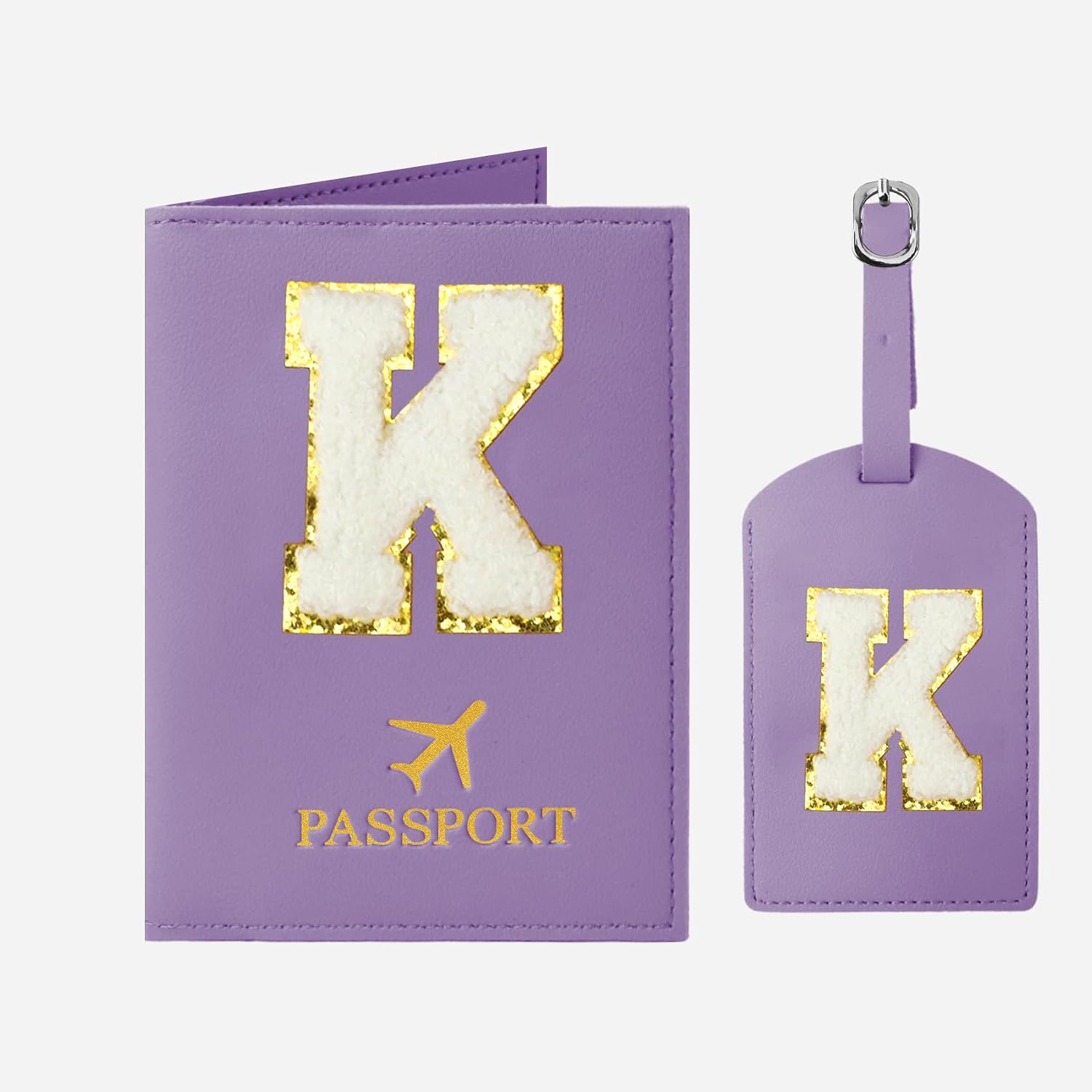 Passport Holder for Travel Women Initial K Passport Cover Passport Wallet Passport Case Travel Essentials Leather Passport Holder and Luggage Tags Set With Chenille Letter Patch for Travel Purple K