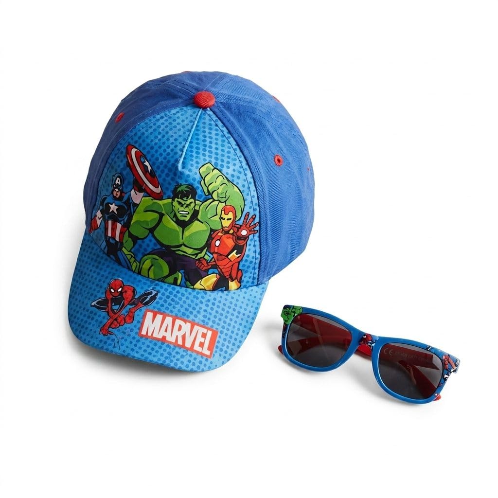 Gorra y Gafas de Sol Marvel Set Niños Original - Gorra Infantil Ajustable y Gafas de Sol UV400 Protección Solar Diseño Avengers, Complementos Verano Niño y Niña para Playa y Piscina