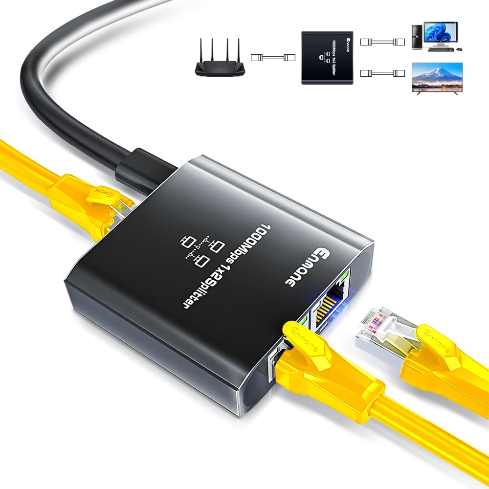 Enmane Ethernet Splitter 1 to 2 1000Mbps,Gigabit Ethernet Splitter, LAN Splitter with USB Power Cable, RJ45 Splitter for Cat5/5e/6/7/8 Cable[2 Devices Simultaneously Networking]