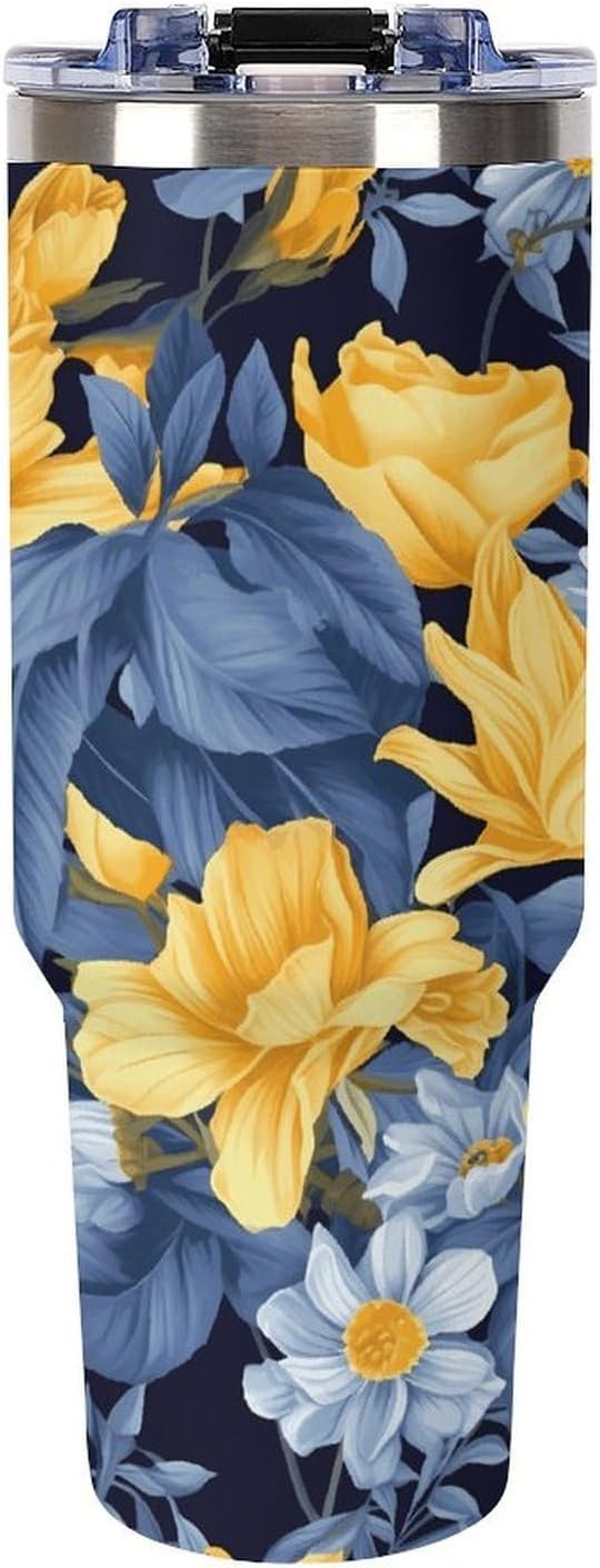 Large Car Cup with Handle&Lid Fashion Blue Base Yellow Floral Tumbler Sturdy Insulated Water Bottle Stainless Steel Vacuum Travel Mug Portable Coffee Cup for Home Outdoor 40 Oz Light Rose Red-style