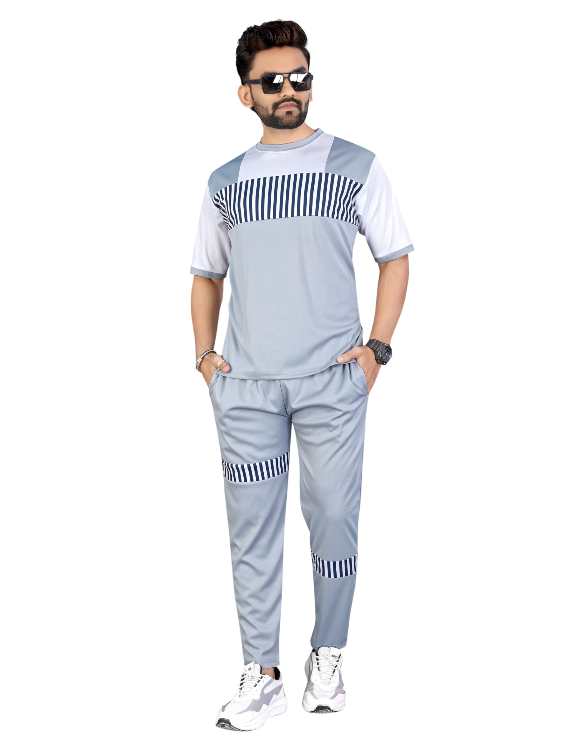 Men's Tracksuit Set, Grey with Navy Blue Striped Panel, Short Sleeve T-Shirt and Pants, Casual Sportswear-image-45