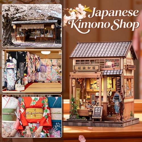 CUTEBEE Japanese Sakura Kimono Book Nook Kit - DIY Puppenhaus 3D Holzpuzzle Erwachsene, Miniatur Haus Selber Bauen, Kreatives Geschenk & Deko für Bücherregal