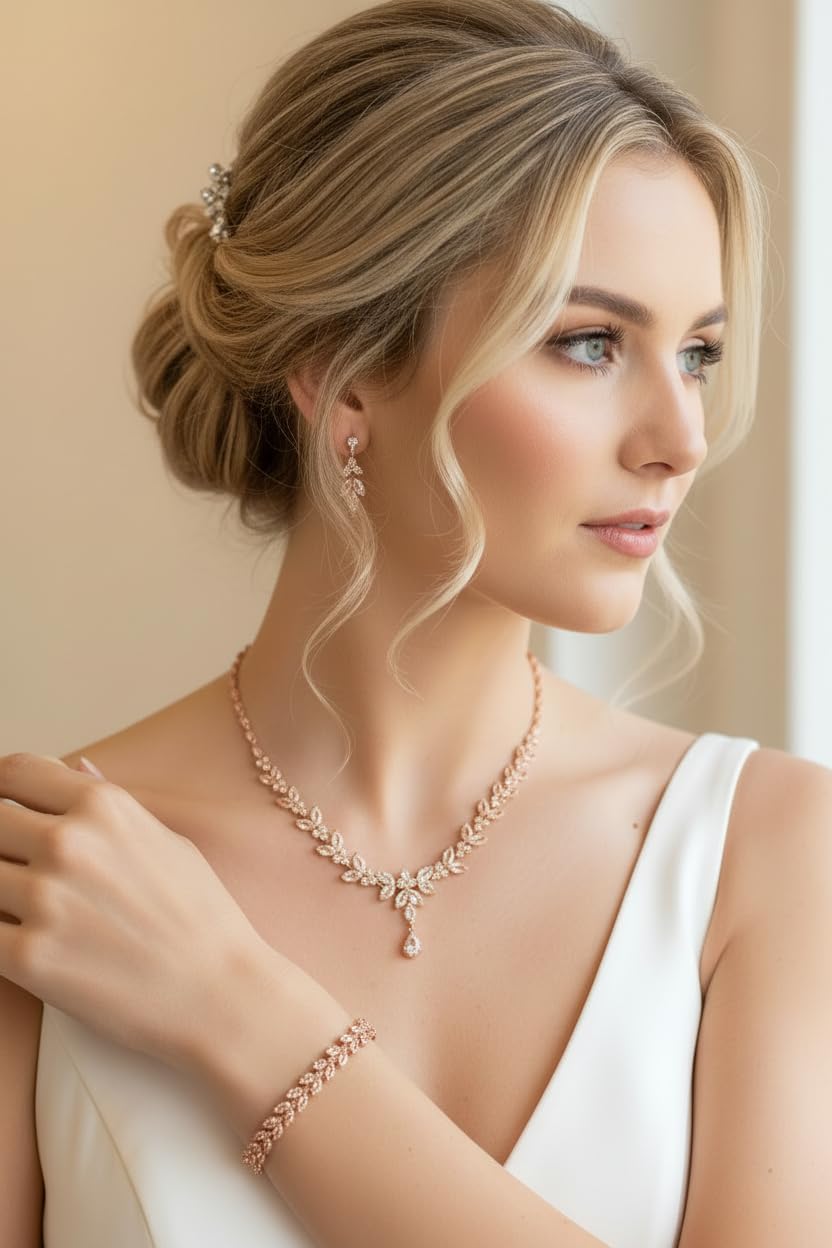 Roségold Zirkonia Schmuckset Halskette Ohrringe Armband Diadem Brautschmuck Hochzeit Kommunion Abiball Collier