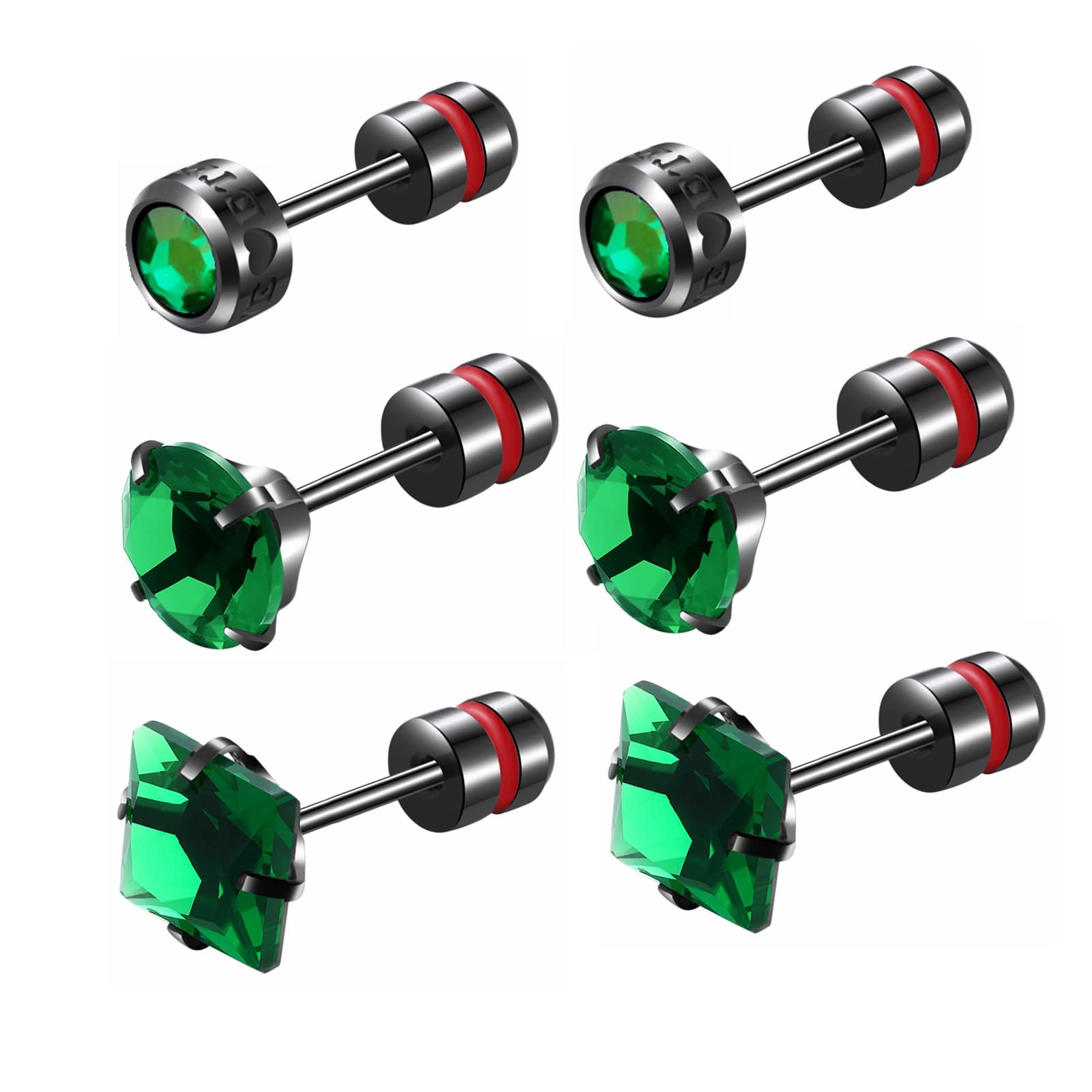 ZQGOFPT 3 Pairs Titanium Screw Back Earrings for Women Men, Hypoallergenic Square Round Cubic Zirconia Flat Earrings Set Double Side Earrings Piercing Sleeper Studs Jewelry for Sensitive Ears