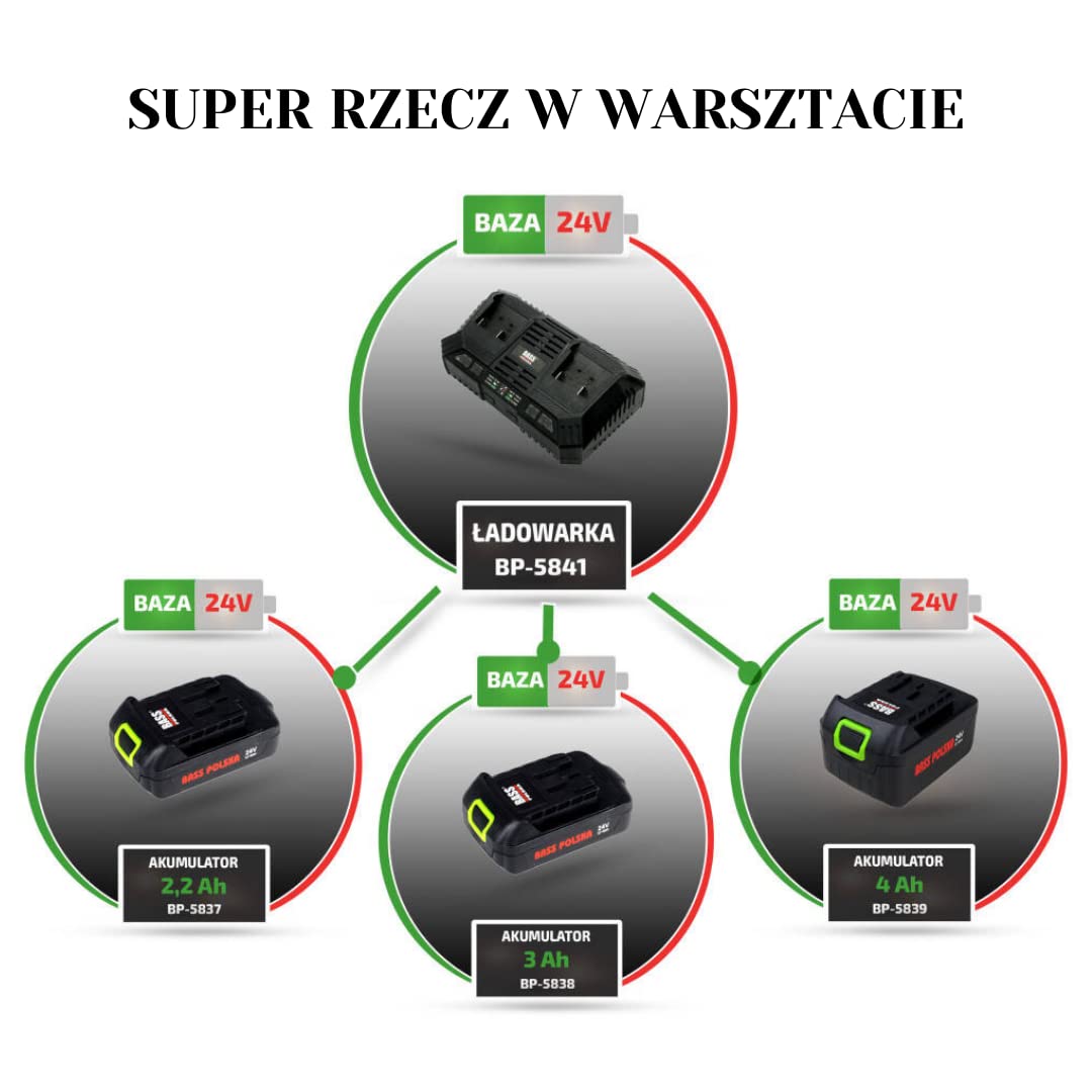 BASS POLSKA Cargador de batería para Herramientas Herramientas de jardín Independientes Jardín de Taller Práctica batería Universal de Iones de Litio 2 x 24 V 15,5 x 24 x 8 cm 0,85 kg