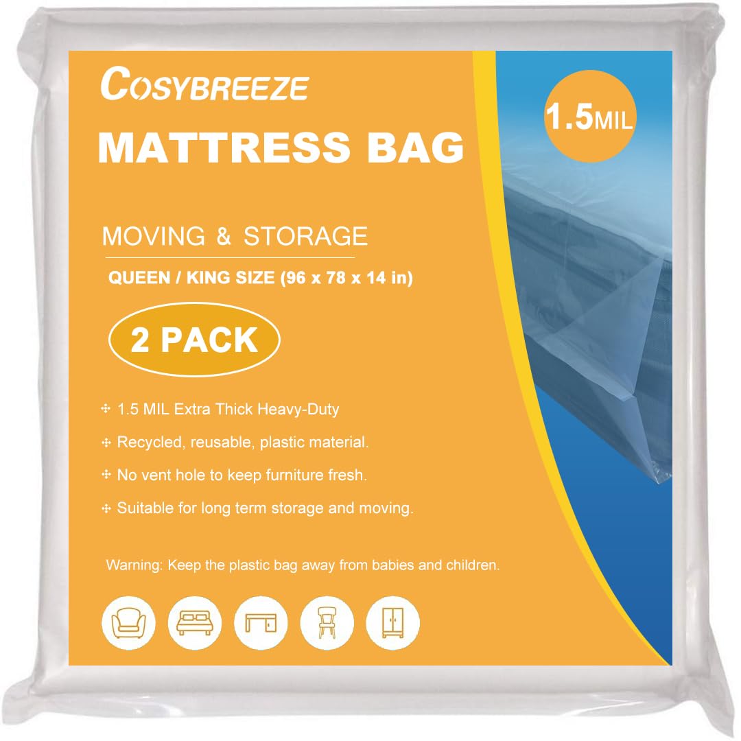 1.5 Mil Mattress Bags for Moving 2 Pack Mattress Cover Queen or King Size Mattress Storage Bag - Plastic Wrap Moving Mattress Protector for Storage