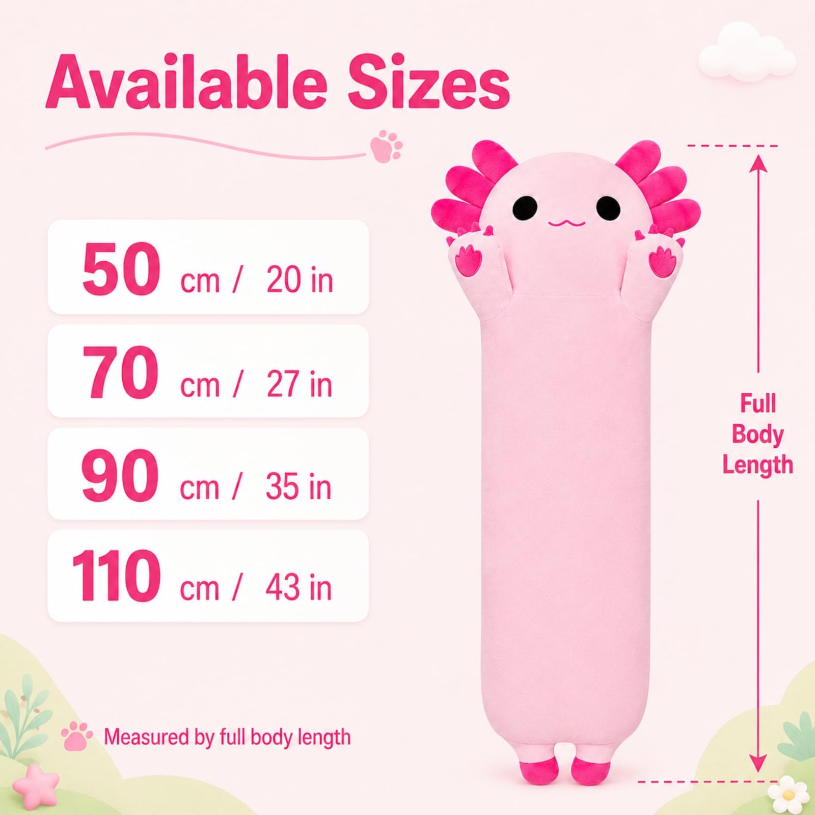 SNOWOLF Gefüllte Axolotl Lange Kissen Plüsch Tier Spielzeug Weiche Kawaii Stuff Kuscheltier Spielzeug Entzückende Umarmung Kissen für Kinder (90cm, rosa)