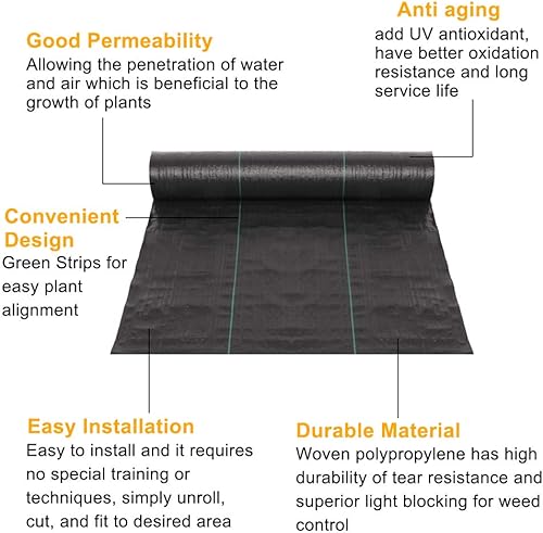 TUFFIOM Tela de barrera contra malezas de 6.5 x 300 pies, cubierta de suelo resistente a los rayos UV, material resistente para control superior de