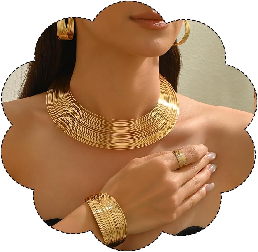 Conjunto de collar de oro grueso para mujer, collar bohemio grueso africano, pendientes de aro, pulseras, conjunto de anillos, joyería Punk