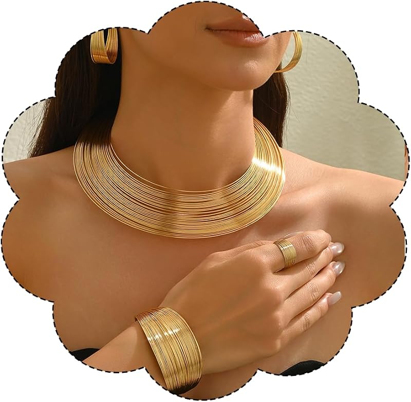 Conjunto de collar de oro grueso para mujer, collar bohemio grueso africano, pendientes de aro, pulseras, conjunto de anillos, joyería Punk