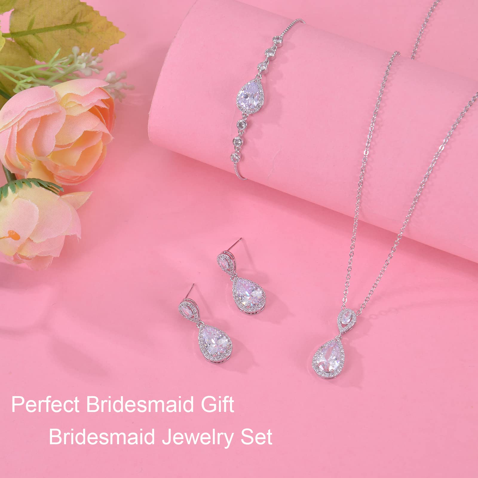 DHQH Set di 4 gioielli da sposa per damigella d'onore con zirconia cubica collana a goccia orecchini braccialetto anello set di gioielli per damigella d'onore per donne gioielli regalo per feste
