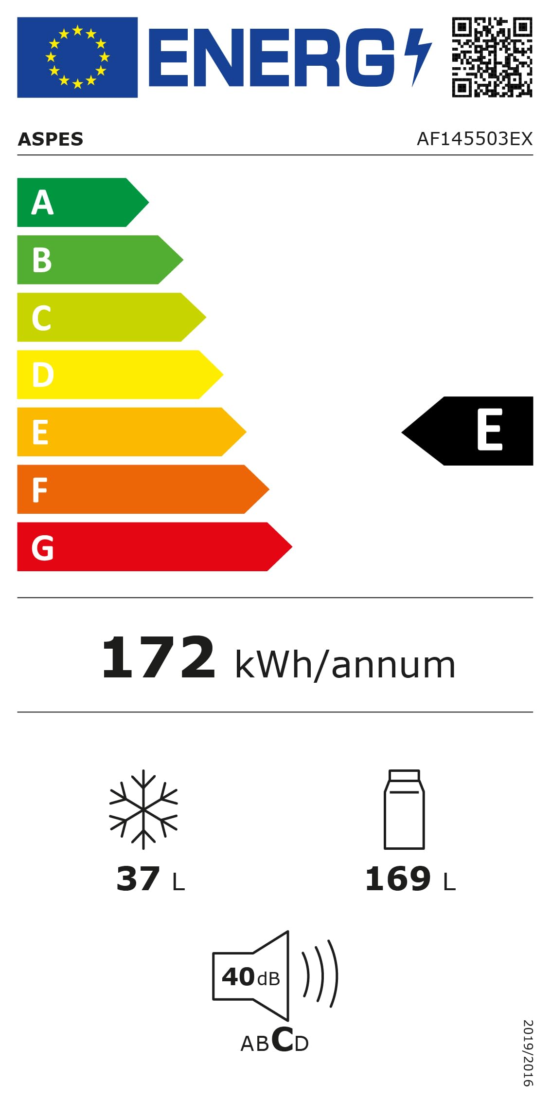 Aspes Frigorífico Estandar Inox, 2 Puertas AF145503EX, Capacidad 206 Litros, Cíclica, Bajo Nivel Sonoro, Puerta Reversible, Clasificación Energética E