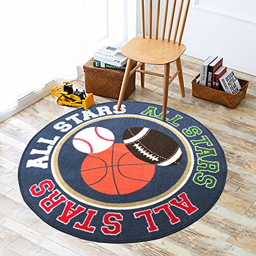 HUAHOO Kids Rug Round Fun Sport Rugs Lets Play Blue Childrens Rug Balls Print with Soccer Ball, Basketball, Football, Tennis Ball Bedroom Playroom Non